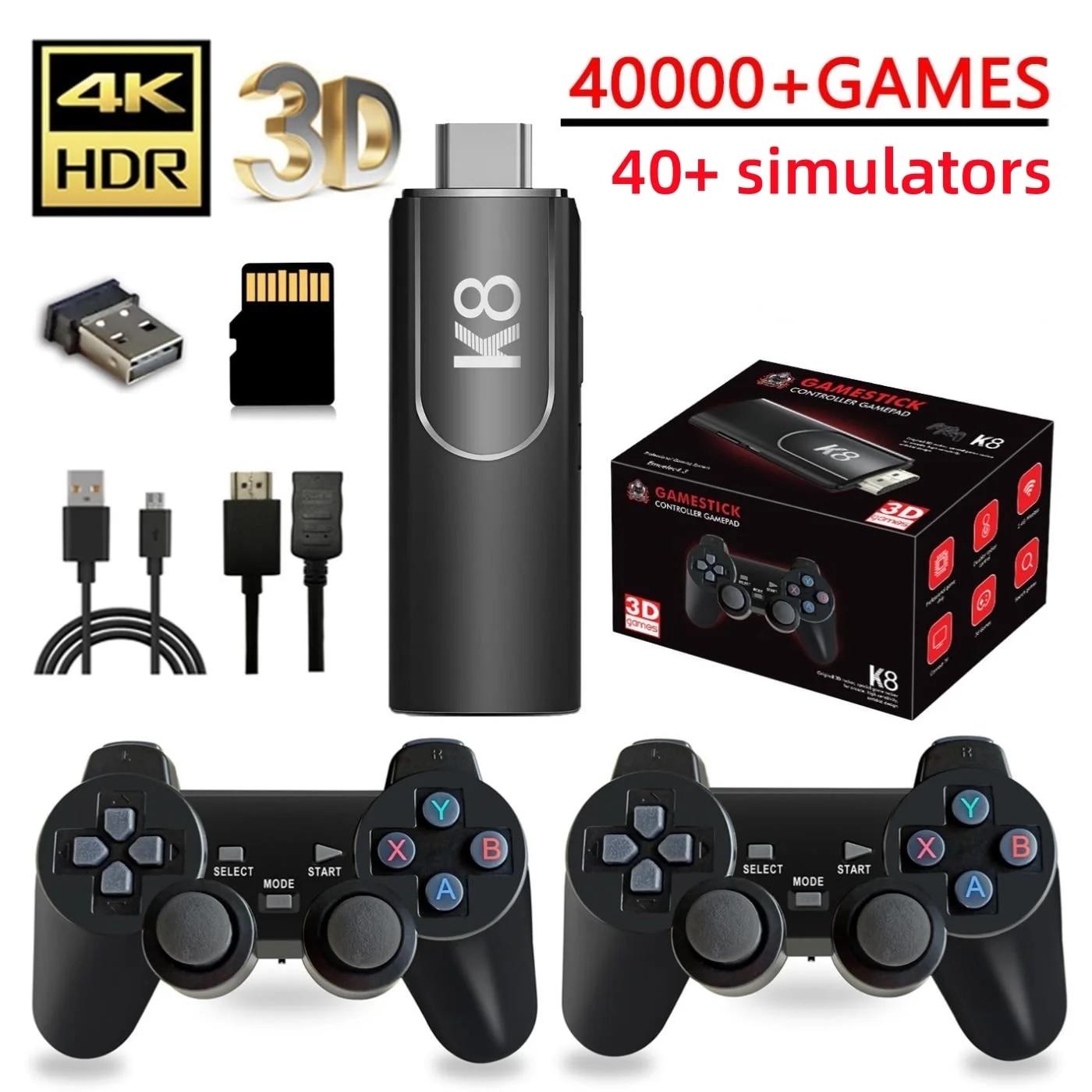 Беспроводная ретро-игровая консоль K8 с 40 000 встроенных классических игр, выходом 4K HDMI для телевизора, двумя беспроводными контроллерами 2.4G, ностальгическим игровым джойстиком 64G 64G