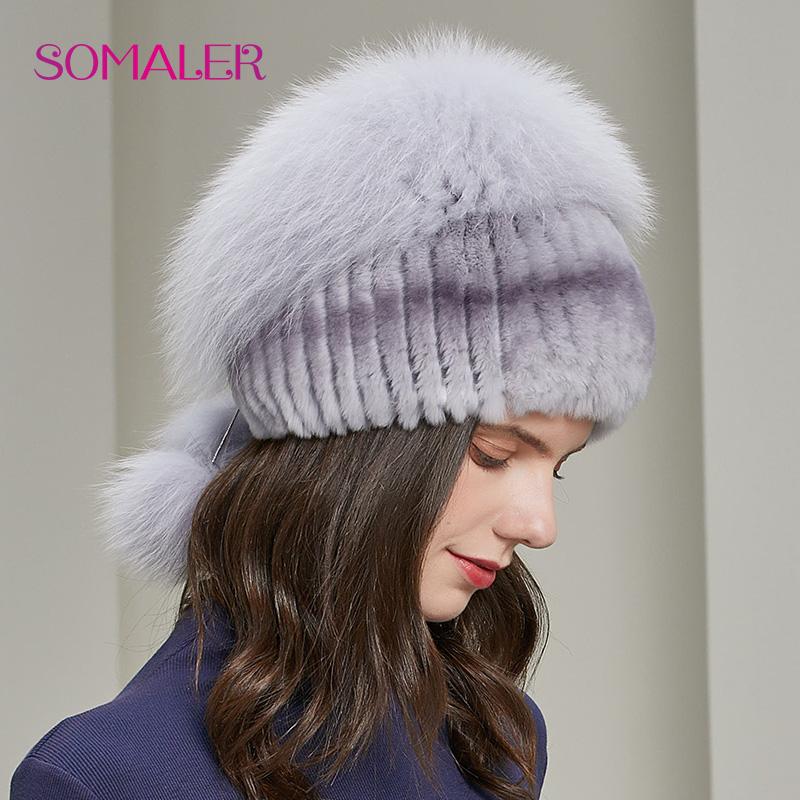Женские шапки SOMALER из кроличьего меха, зимняя шапка из натурального меха с маленьким помпоном