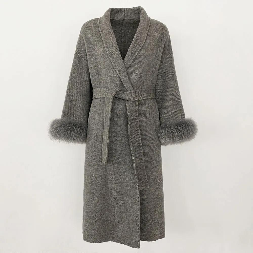 OFTBUY Зимняя мода Двусторонняя шерстяная куртка на шнуровке Манжеты Съемный воротник из натурального меха лисы Двусторонняя кашемировая куртка для женщин S хаки