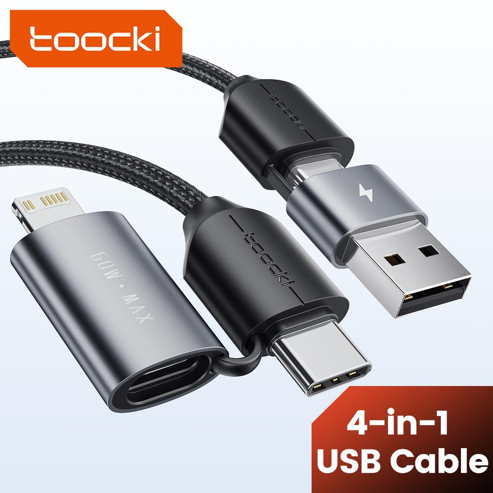 Кабель Tooki 4 в 1 USB Type C к USB C/Lightning 60 Вт 3A для быстрой зарядки для Samsung Xiaomi Huawei Realme PD 27 Вт Lightning Cabl 1M чёрный