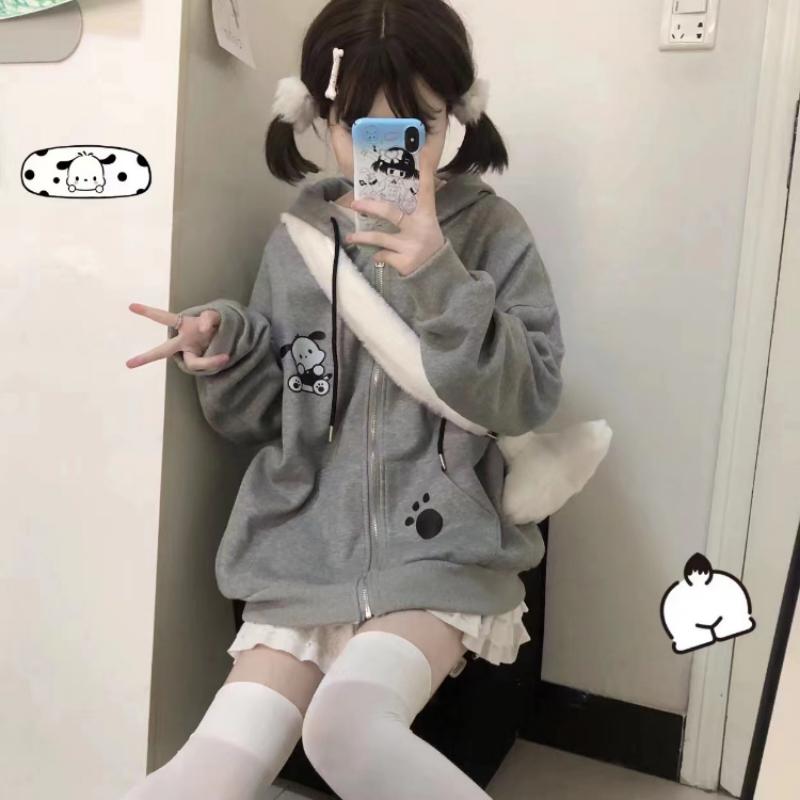Harajuku Kawaii толстовки с капюшоном на молнии для женщин, японская мода, милый мягкий серый свитшот большого размера для девочек, винтажный консервативный стиль S серый