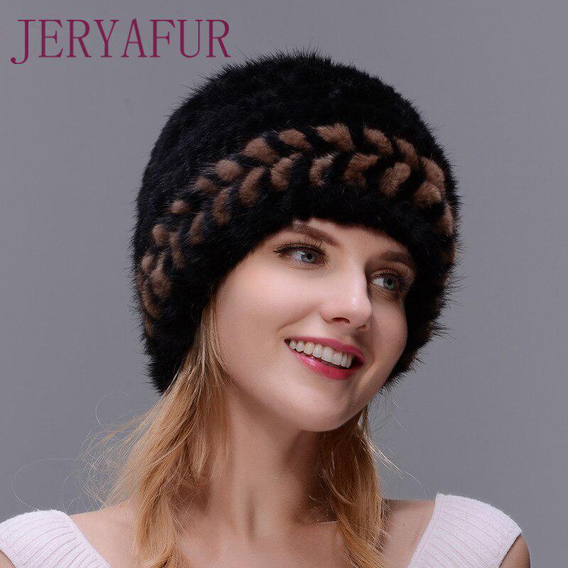 JERYAFUR зимняя женская шапка из меха норки, тканая меховая шапка, женская модная теплая шапка с меховыми наушниками чёрный/красный