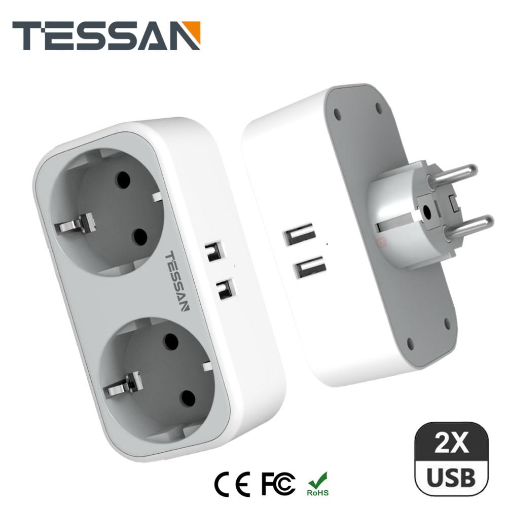 Настенный адаптер TESSAN 3600 Вт с розетками переменного тока 1/2/3, 2 USB-портами, настенное зарядное устройство USB с несколькими розетками 5 в 1 для домашнего офиса 1 Outlets & 2 USB Ports серый