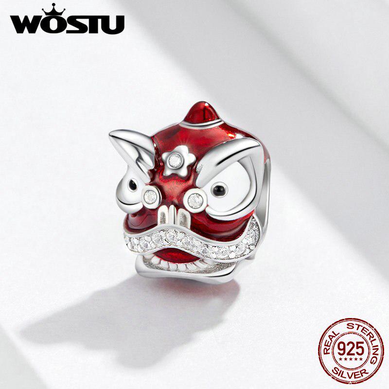 Бусины WOSTU Red Lion Dance из 100% стерлингового серебра 925 пробы с цирконом, подходят для оригинального браслета-подвески HHC086