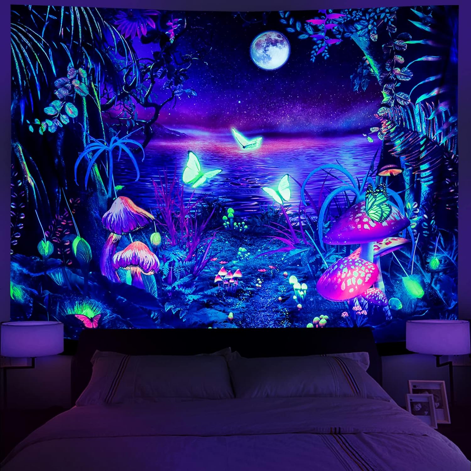 Гобелен Blacklight «Фэнтезийный лес» Эстетический гобелен с луной УФ-реактивные гобелены с бабочками Галактический космический гобелен настенный для спальни гостиной 95x73cm