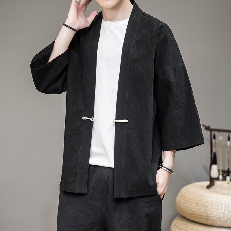 Однотонная мужская японская одежда Haori, японская модная одежда Kawaii, мужское кимоно для мужской рубашки S чёрный