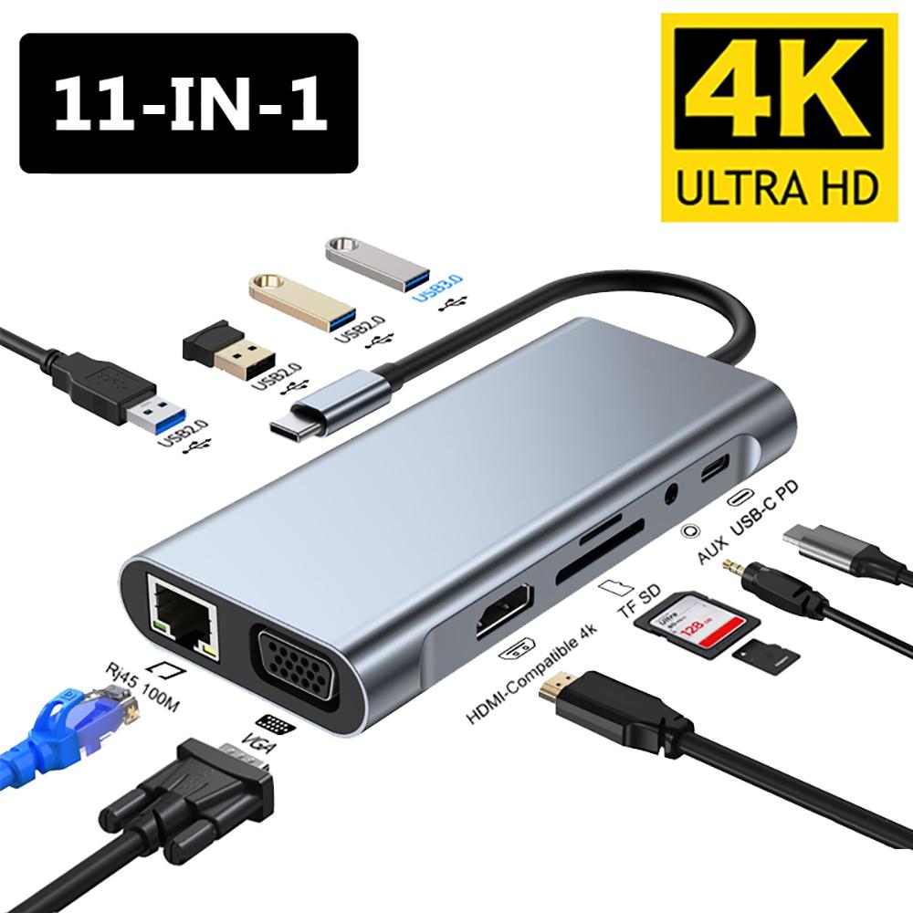Адаптер USB C HUB Type C 4K 30 Гц HDMI-совместимый VGA RJ45 Lan Ethernet SD/TF PD 87 Вт Док-станция для ноутбука для MacBook Pro Air Разветвитель USB 3.0 6-IN-1
