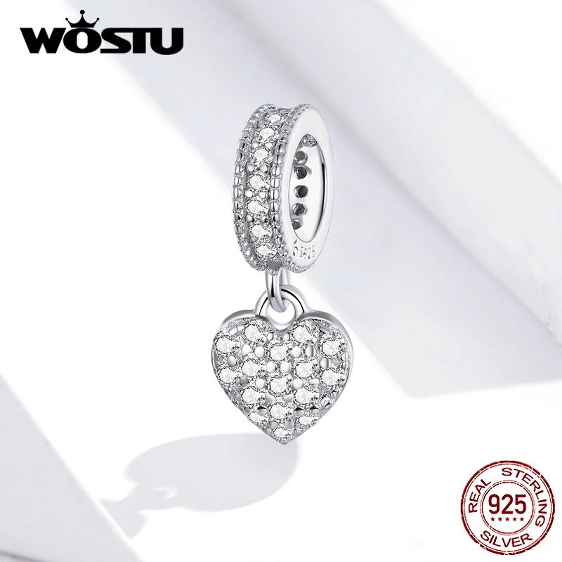 Подвески WOSTU с бриллиантовым сердечком, стерлинговое серебро 925 пробы, ослепительная подвеска из циркона, подходит для браслета 925 silver