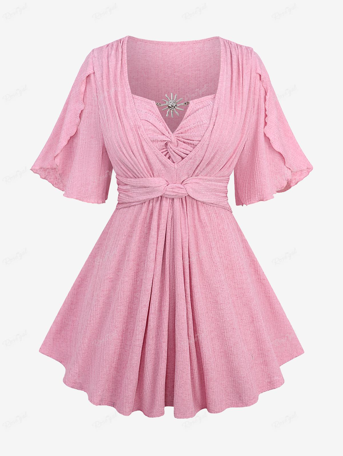 Rosegal Plus Size Поворотная пряжка от солнца с оборками и разрезами на рукавах Ребристый текстурированный топ с рюшами и складками L светло-розовый