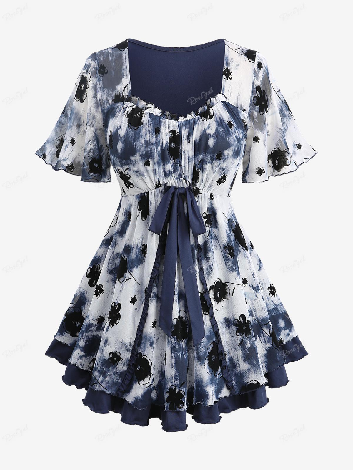 Rosegal Plus Size Tie Dye Mesh Floral Flocking Top Tied Layered Ruched Bust Top L синий/глубокий