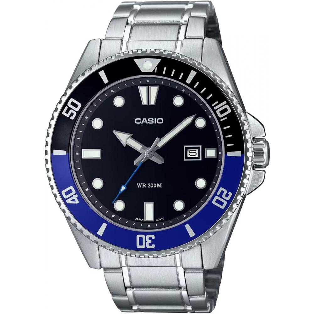 Casio CASIO Стандартные аналоговые спортивные водонепроницаемые часы MDV-107D-1A2V мужские с черным и синим безелем и металлическим ремешком, модель Overseas