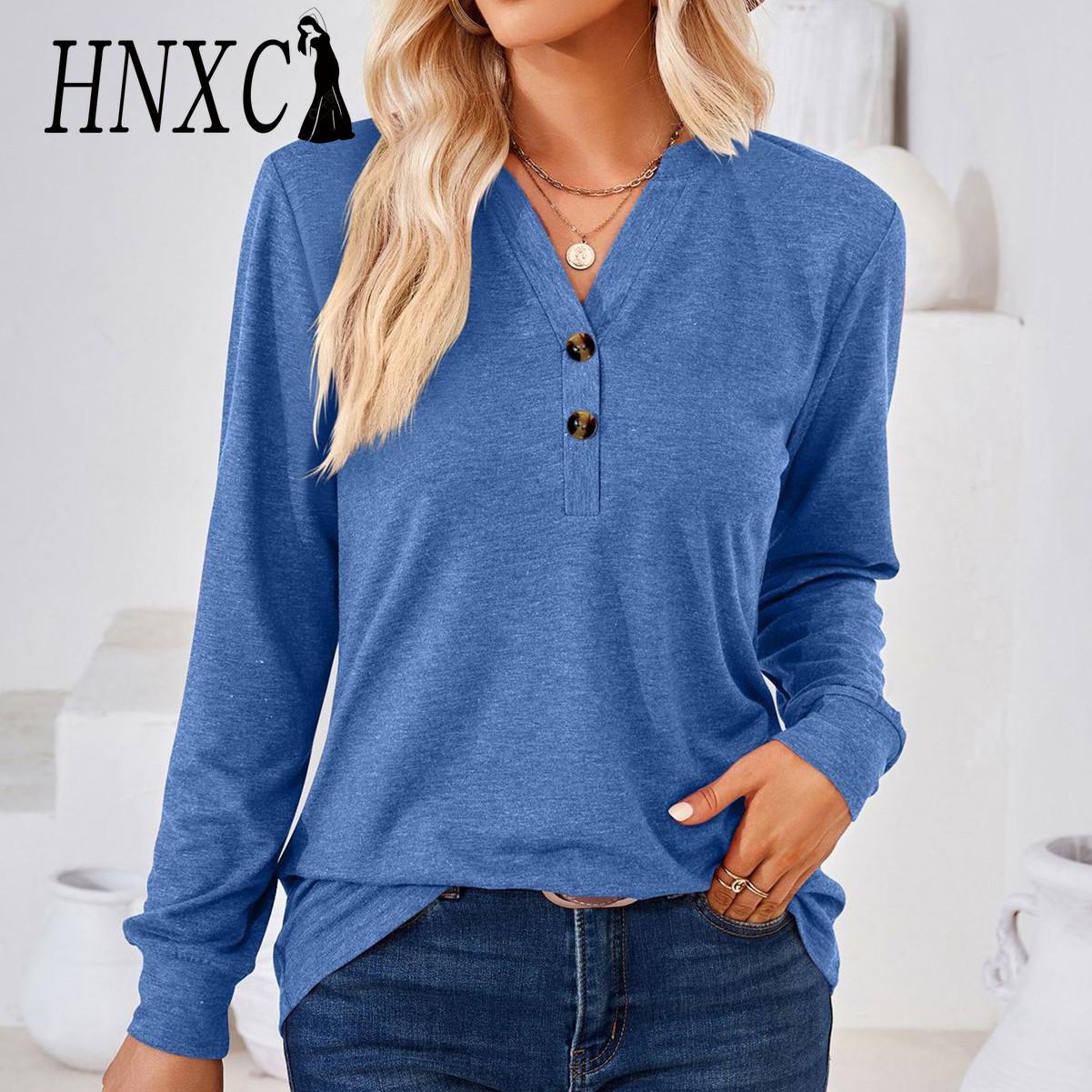 HNXC женские модные повседневные осенне-зимние однотонные блузки и рубашки с длинными рукавами и v-образным вырезом с принтом S чёрный