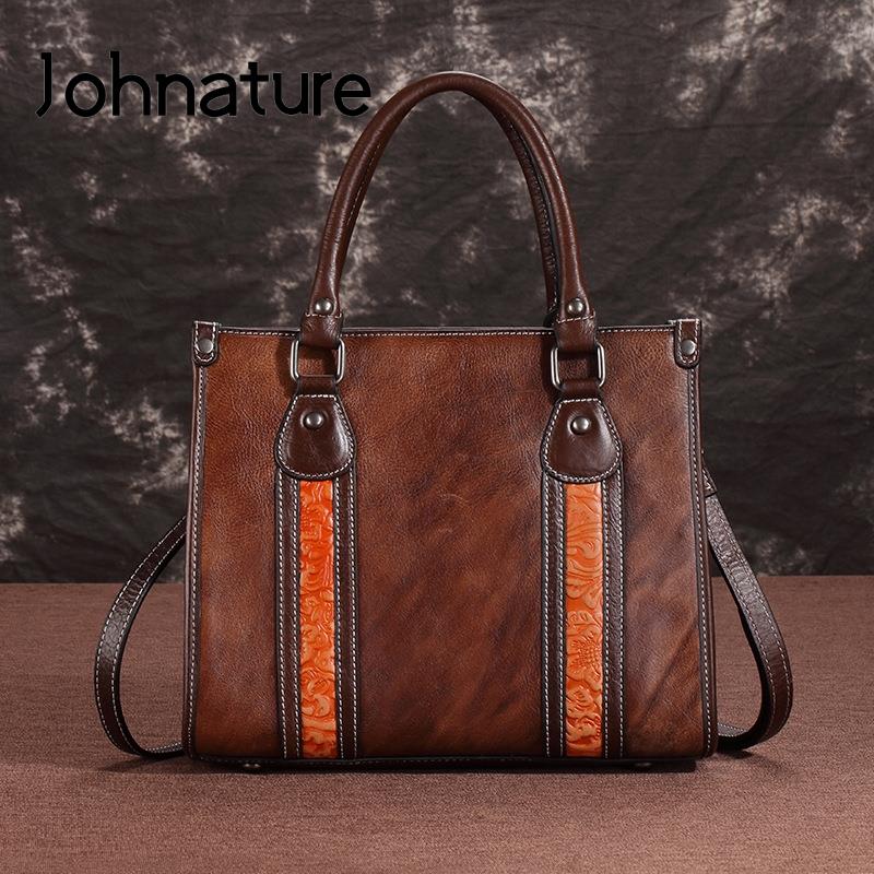 Johnature винтажная женская сумка-тоут из натуральной яловой кожи, роскошная сумка из натуральной кожи, большая вместительная сумка через плечо чёрный