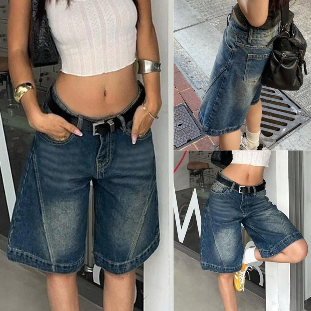 Rose Beauty A WomenY2K Street Vintage Washed Slant Pocket Cat Whiskered Trendy Edge Style Wide Leg Jeans Casual Knee Long Denim Shorts XS синий