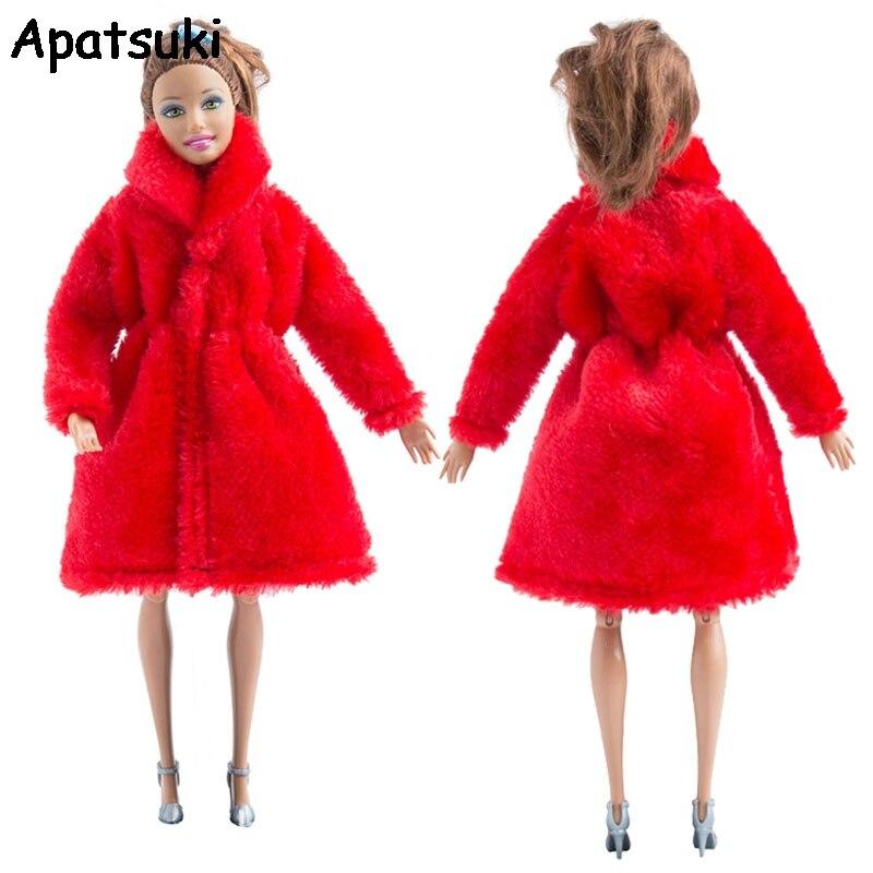 Красная зимняя одежда, теплое пальто для куклы Барби, наряды для кукол из меха, кукольное платье, одежда для куклы Барби 1/6, аксессуары для куклы BJD, игрушка красный