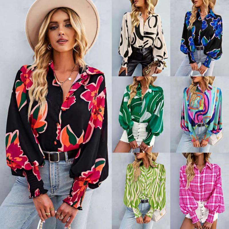 Tooxika Лидер продаж Commuter Printed Long Sleeve Tops Lapel Lantern Sleeve Shirt For Women L