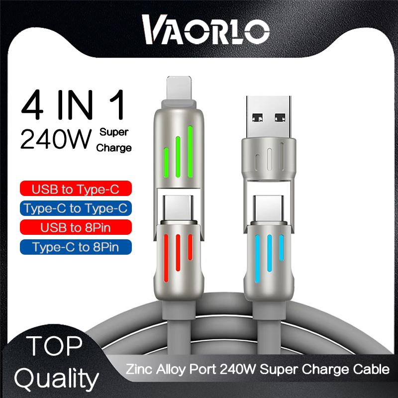VAORLO 4 в 1 240 Вт RGB кабель супер зарядное устройство для iPhone 15 Type-C/USB на Type-C/8Pin PD быстрая зарядка для Huawei Xiaomi кабель для передачи данных серый
