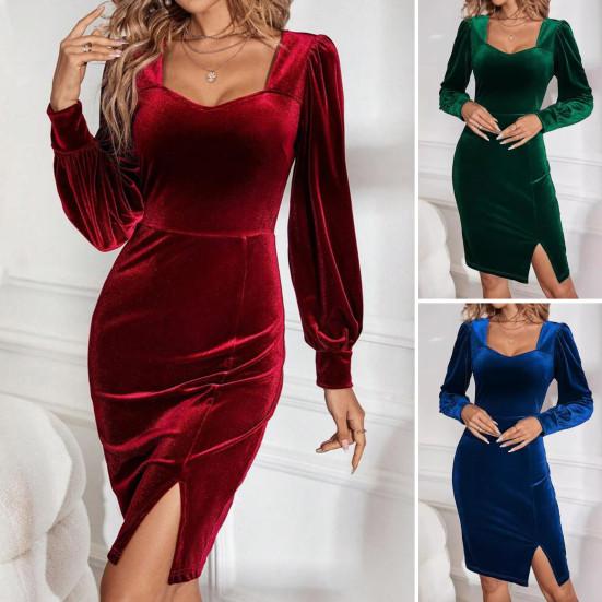 Весна Осень Женское Вечернее Платье Длинные Рукава Slim Fit Чистый Цвет Разрез Подол Бархат Длина Колена Квадратный Вырез Выпускной Коктейльное Вечернее Платье Миди M