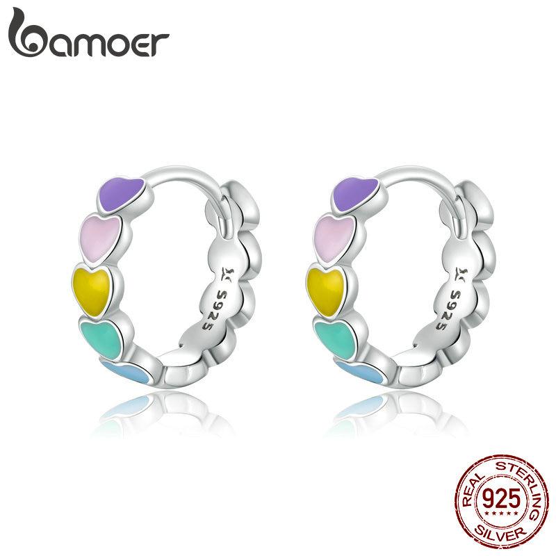 BAMOER, натуральное серебро 925 пробы, радужные цвета, эмалированные серьги-кольца в форме сердца, женские ювелирные изделия серебряный