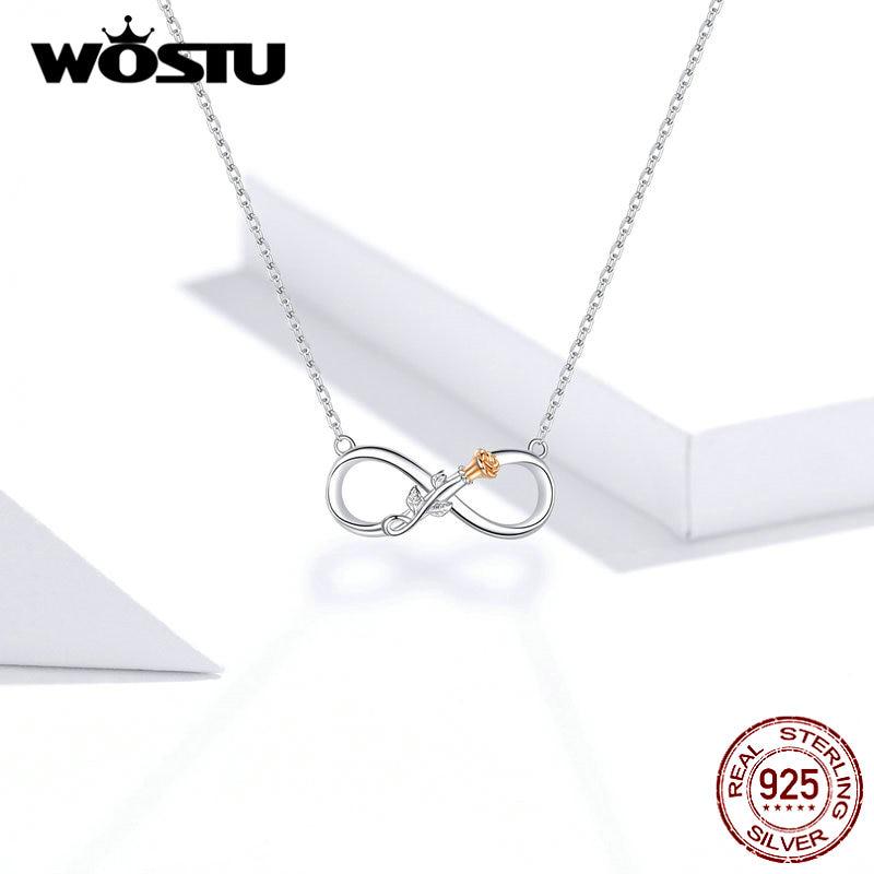 WOSTU настоящее серебро 925 пробы бесконечная любовь цветок ожерелье звено цепи женское свадебное длинное ожерелье Necklace