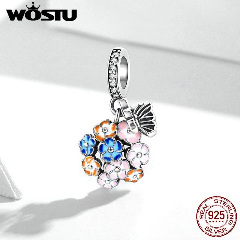 WOSTU Аутентичные ювелирные изделия из стерлингового серебра 925 пробы, разноцветные бабочки и цветы, подвеска для оригинального серебряного браслета и браслета, ювелирные изделия своими руками 925 silver