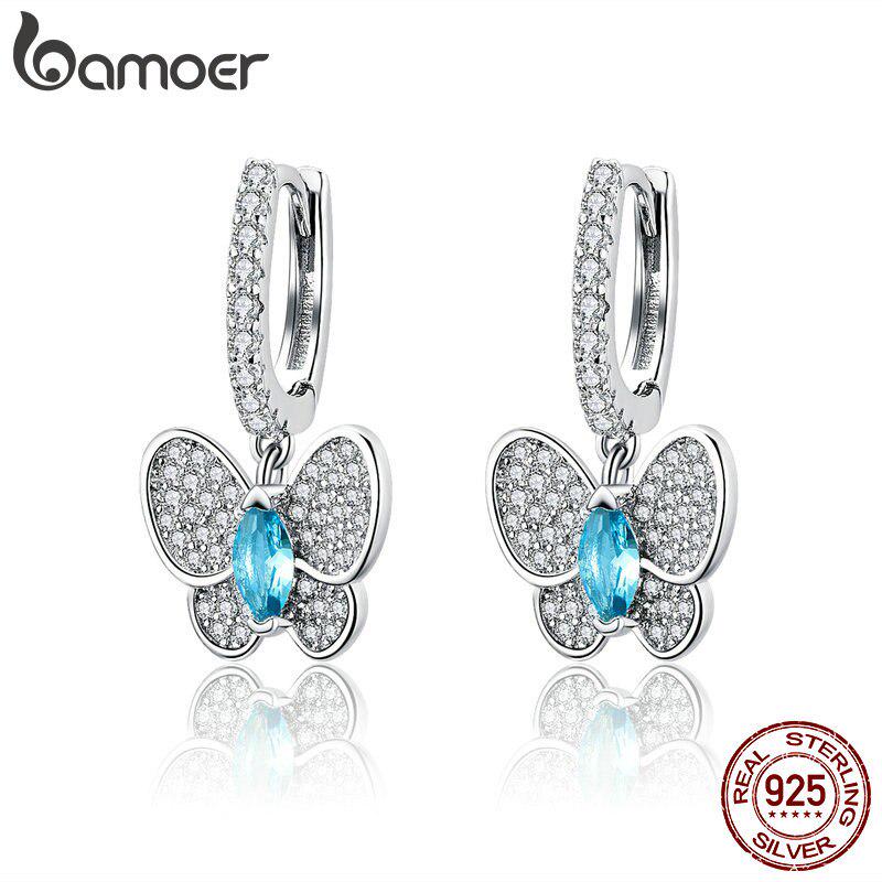 Серьги-капли BAMOER из натурального серебра 925 пробы со светящимися прозрачными фианитами и кристаллами-бабочками