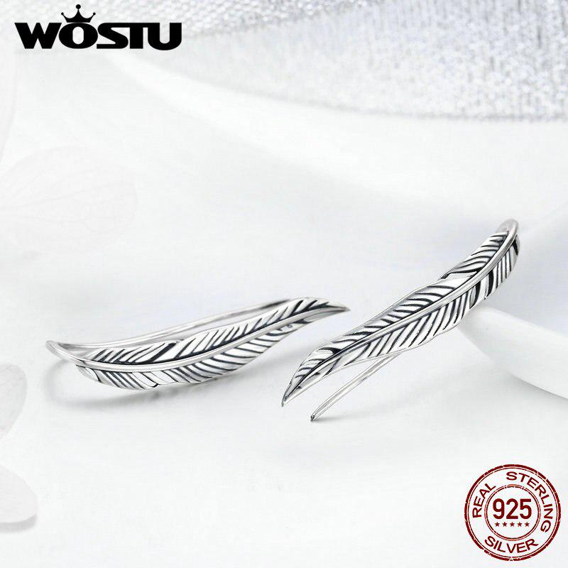 WOSTU романтические серьги-гвоздики из стерлингового серебра 925 пробы с винтажными перьями и крыльями в стиле ретро для женщин Earrings