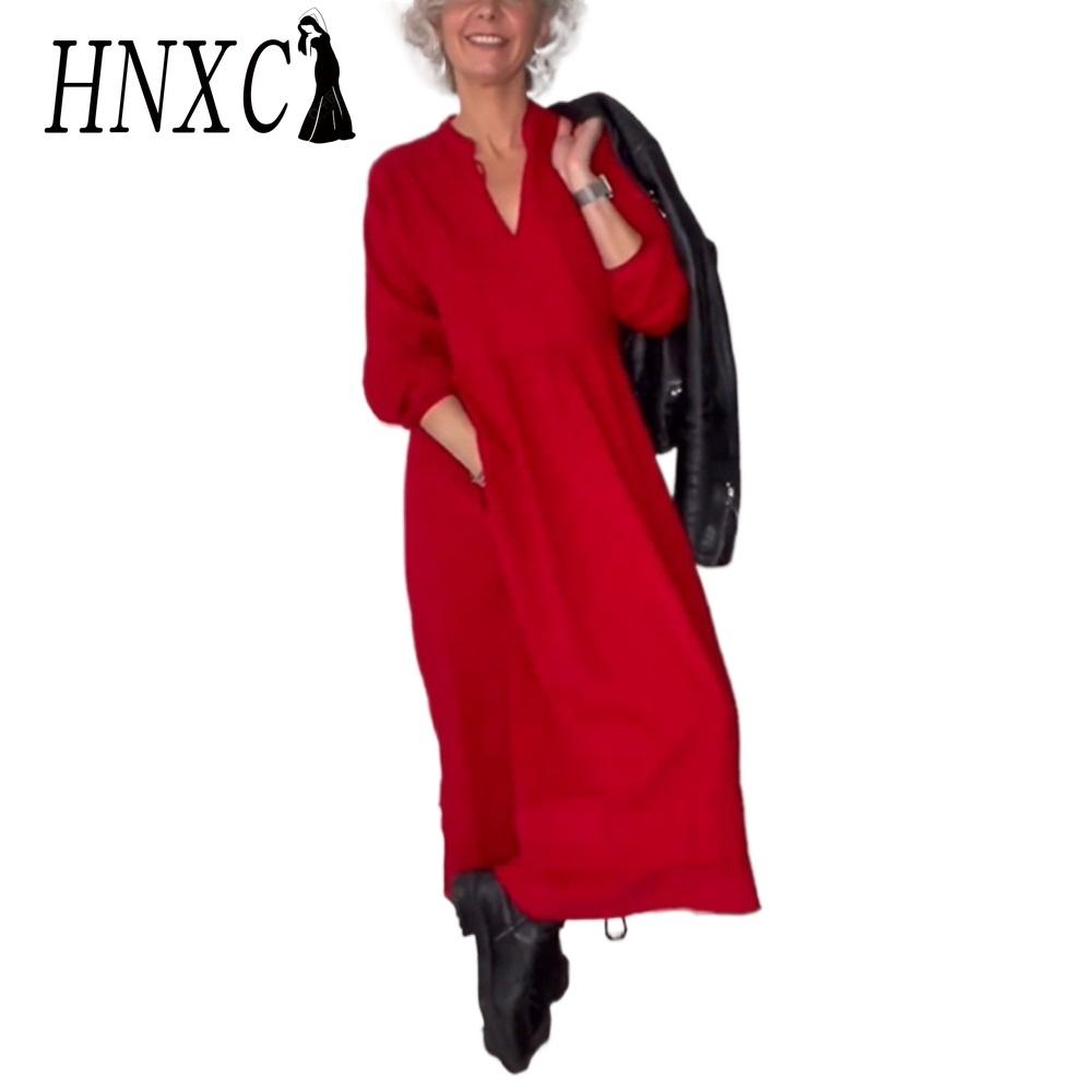 HNXC Женские модные осенне-зимние однотонные повседневные платья с длинным рукавом и v-образным вырезом с принтом S красный