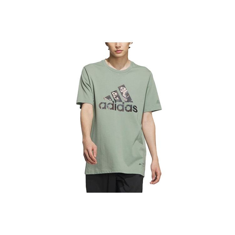 Adidas Алфавитный логотип с мультяшным принтом панды, футболка с круглым вырезом и короткими рукавами, мужские топы, серебристо-зеленый IP3967 M