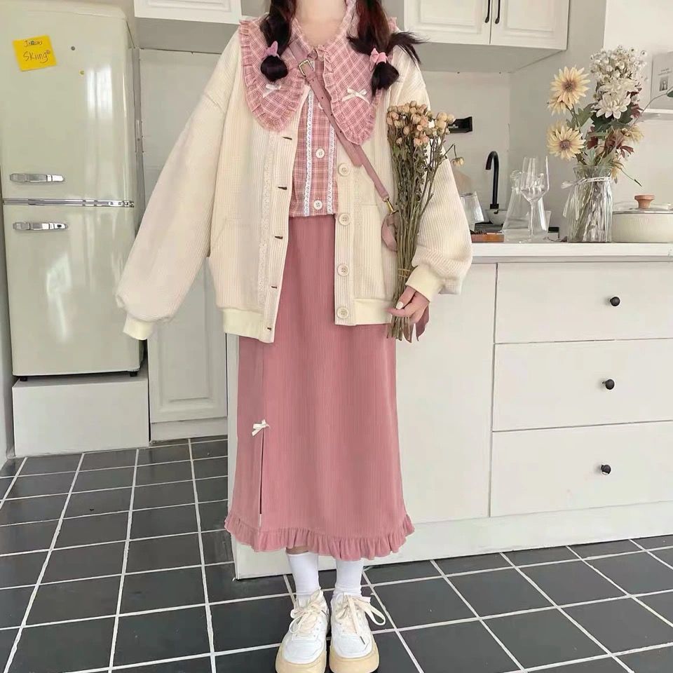 Kawaii розовая вельветовая длинная юбка женская японская мода милая прямая юбка миди с высокой талией и разрезом бантом для девочек осень S розовый
