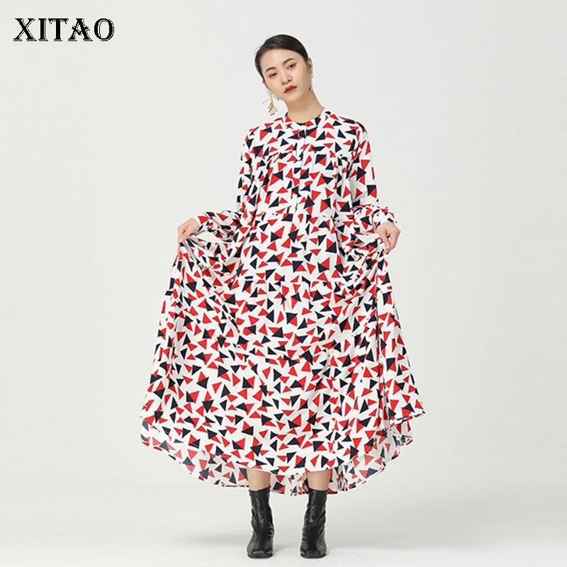 XITAO Повседневное платье с геометрическим рисунком, женское асимметричное платье с принтом, новый стиль, воротник-стойка, длинный рукав, драпированная свободная пуговица ZY4490 One Size белый