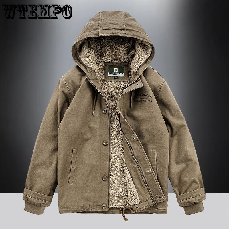 WTEMPO Осень-зима Большие размеры Стеганые куртки Мужские Большие Бархатные Однотонные Хлопковые Куртки Куртки С Капюшоном Из Ягненка Флисовые Куртки M чёрный