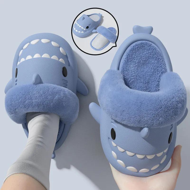 Тапочки для мужчин и женщин Shark, съемные, водонепроницаемые, теплые, хлопковые, плюшевые, домашние тапочки из ЭВА, зимние, для дома, пушистые, нескользящие, обувь 36-37