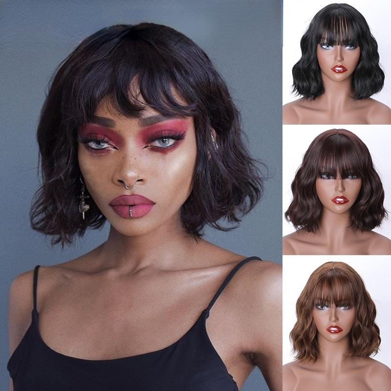 MISS WIG Женский короткий волнистый парик с челкой Черный парик из синтетического волокна для женщин на повседневную одежду 1B