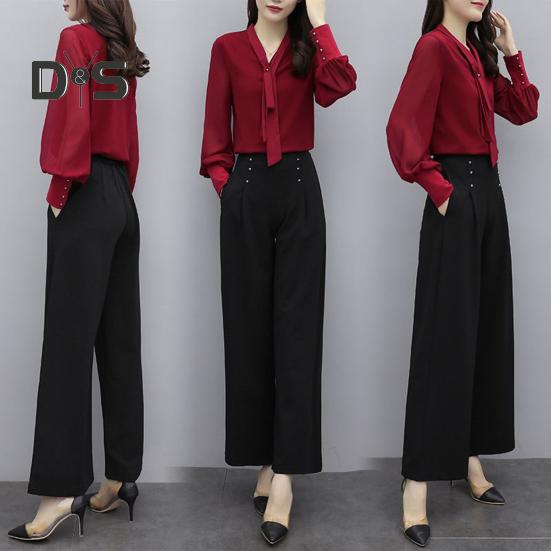 2 шт./комплект OL Commuting Outfit рубашка брюки комплект чистый цвет V-образный вырез длинный рукав блузка высокая талия широкие брюки деловая офисная одежда M красный