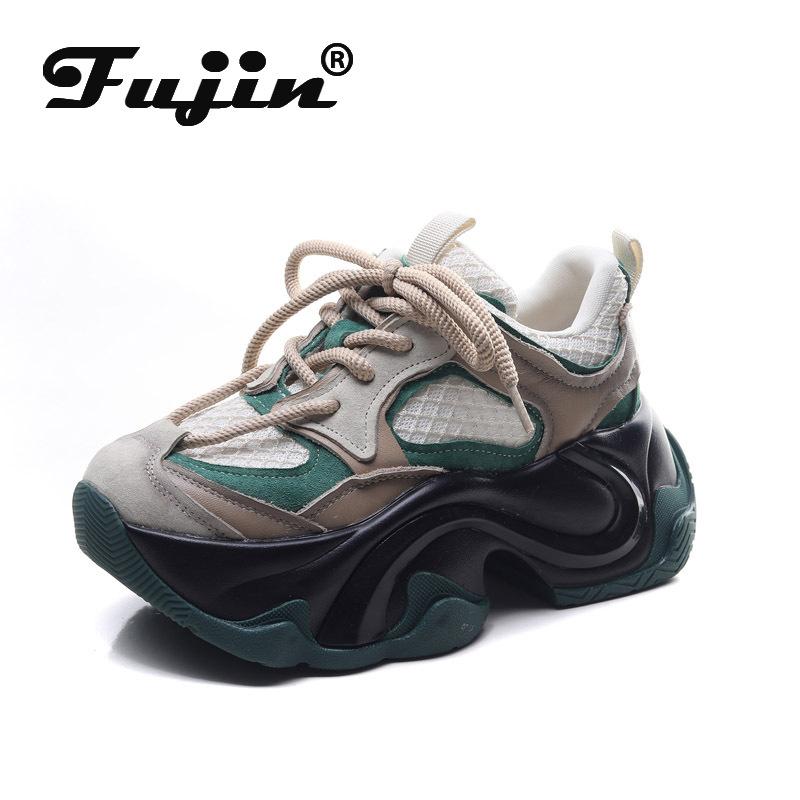 Fujin 6,5 см. Удобные летние массивные кроссовки из свиной кожи на плоской подошве. Разноцветные туфли Fsahion. Женские ботильоны из натуральной кожи с воздушной сеткой. 35 бежевый