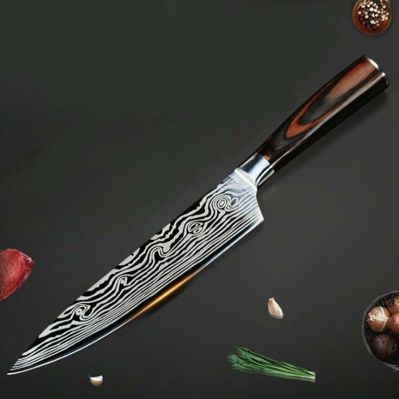 Кухонные ножи  Joom 8-дюймовый профессиональный кухонный нож из дамасской стали, нож для нарезки мяса, кухонные принадлежности 7 inch knife чёрный
