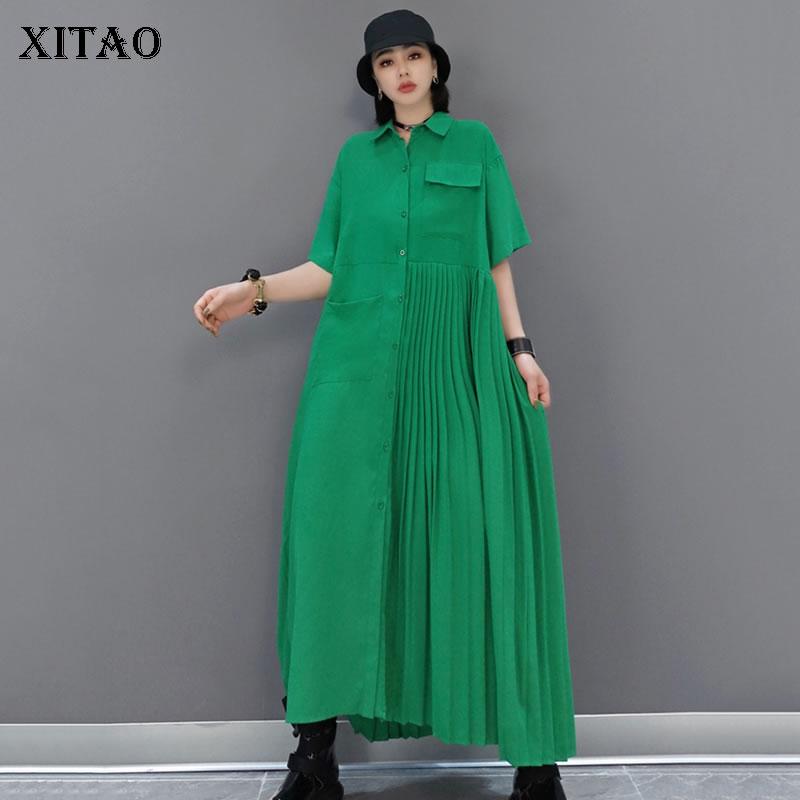 Плиссированное зеленое платье XITAO с нестандартной талией DMY4747 One Size чёрный