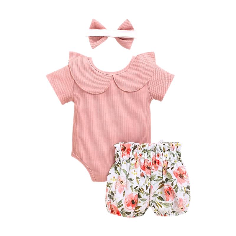 Ins Explosive Summer Baby Girl Set Милый однотонный комбинезон из двух предметов с бантом и брюками с цветочным принтом 70