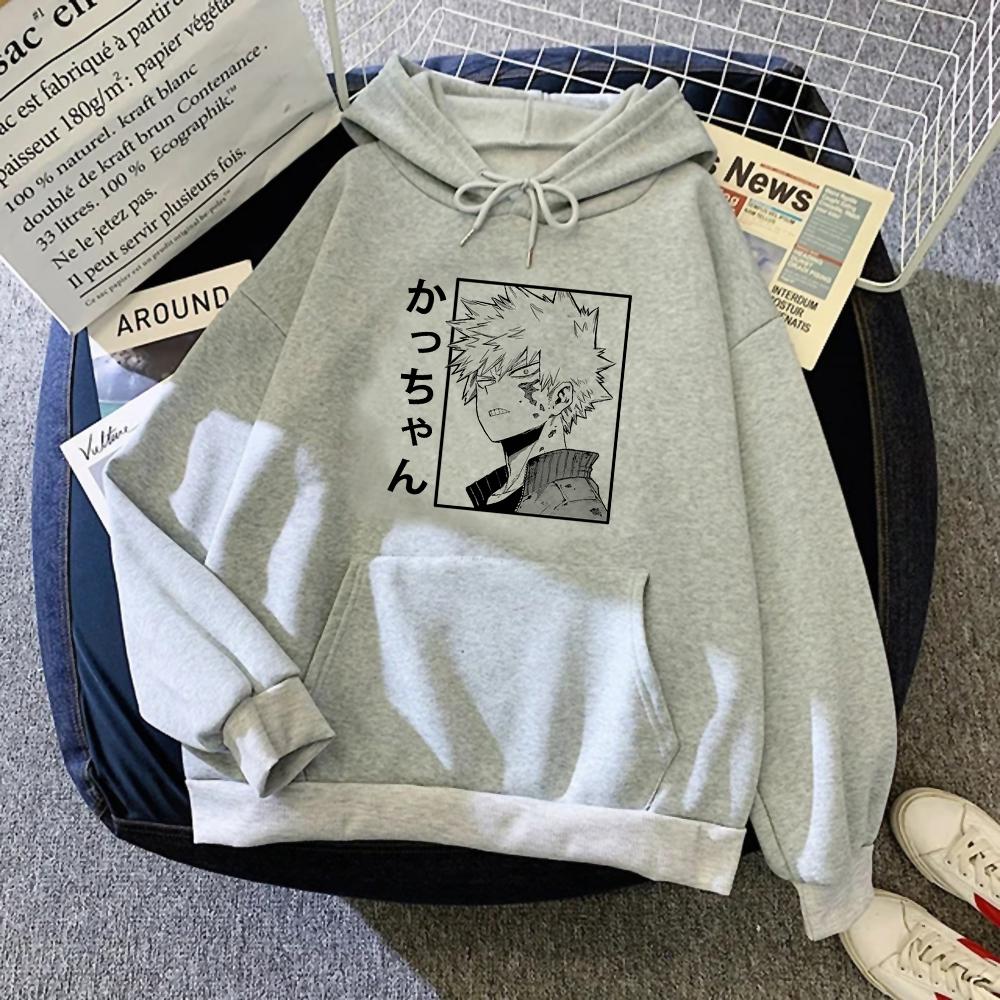 Harajuku Аниме Моя геройская академия Одежда Бакугоу Катсуки Принт с капюшоном Мужские и женские толстовки Удобная уличная одежда Унисекс Толстовка XS серый