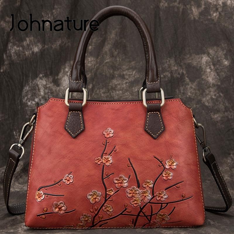 Женская сумка Johnature из натуральной кожи, винтажная сумка с тиснением, большие вместительные сумки из коровьей кожи на плечо и через плечо коричневый