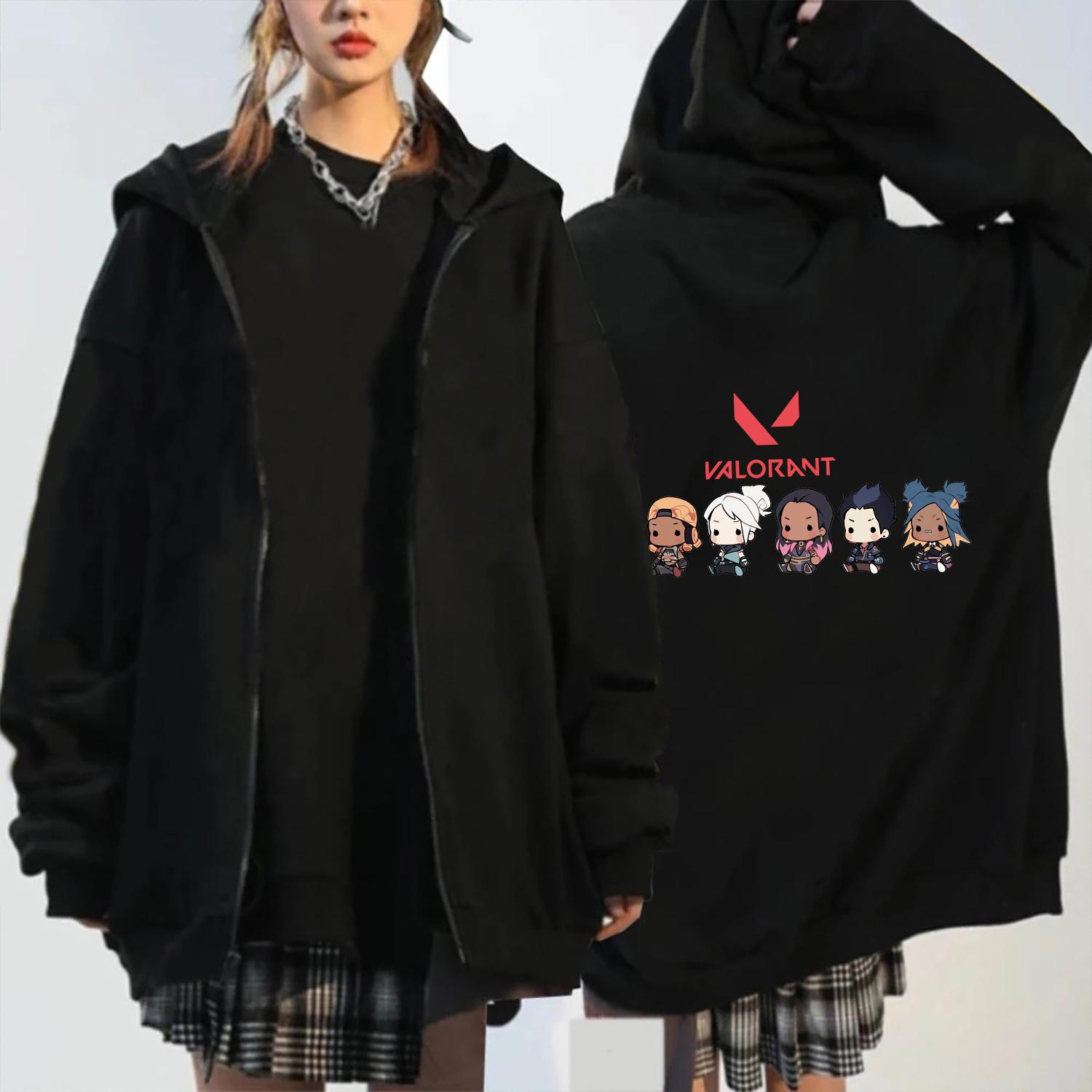 VALORANT Kawaii толстовки на молнии с принтом для мужчин и женщин модные Harajuku мультфильмы игры хип-хоп осень-зима теплая куртка на молнии пальто S чёрный