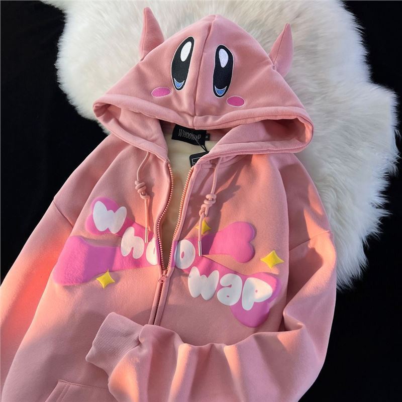 Толстовки с вышивкой Harajuku Devil, женские японские милые уличные толстовки с героями мультфильмов, свободная толстовка для пар, толстовка на молнии для пар, готическая одежда Y2k M чёрный