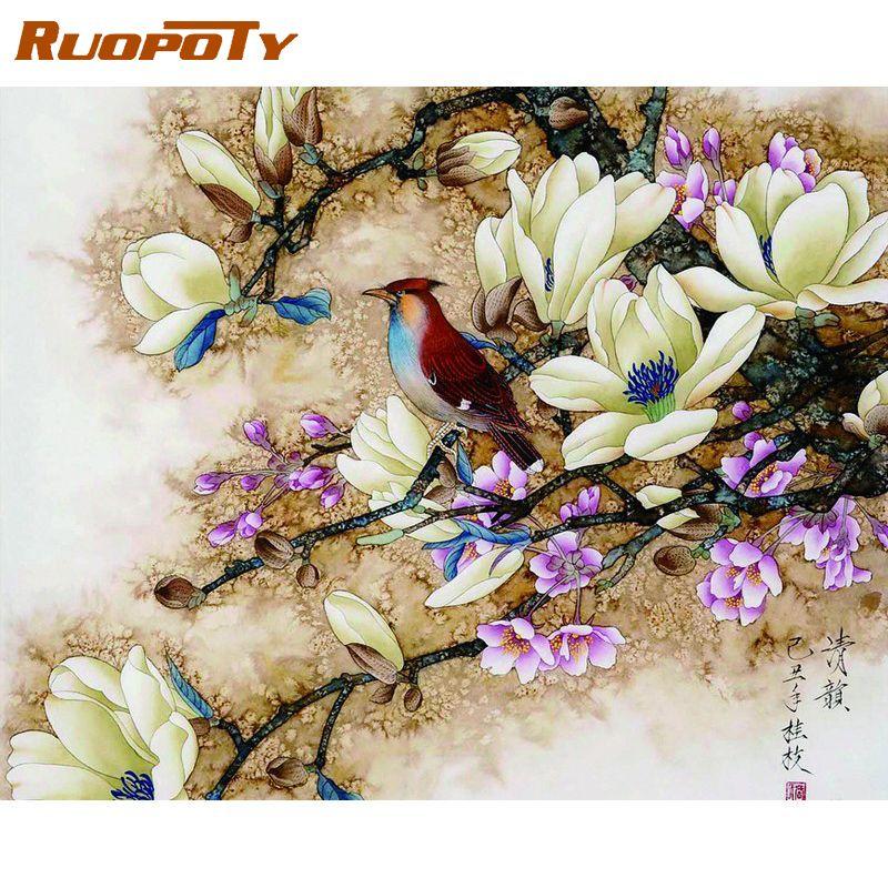 RUOPOTY diy рамка Птица Цветок DIY Картина по номерам Каллиграфическая живопись Современное настенное искусство Холст для домашнего декора 40x50 40x50CM NO Frame