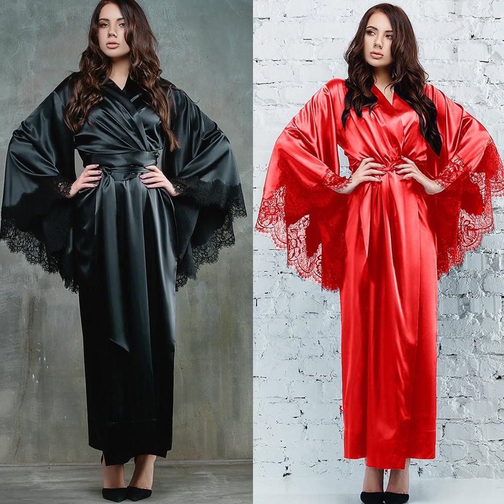 JM Shop Женское сексуальное кружевное атласное кимоно Длинный халат Халат Нижнее белье Пижамы с поясом M красный