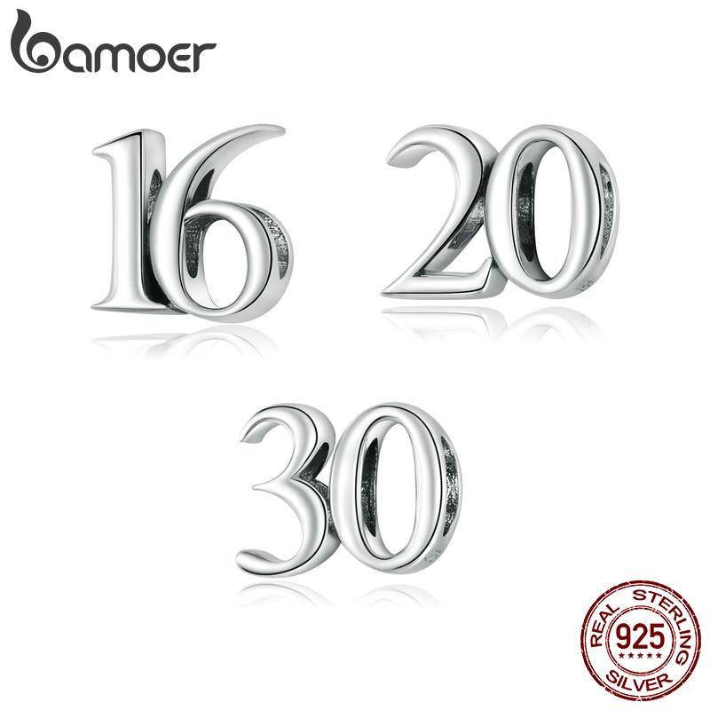 BAMOER Стерлинговое Серебро 925 пробы, окисленное серебро, простые цифры 16, 20, 30, бусины, защищающие металлический шарм, подходят для оригинального серебряного браслета A