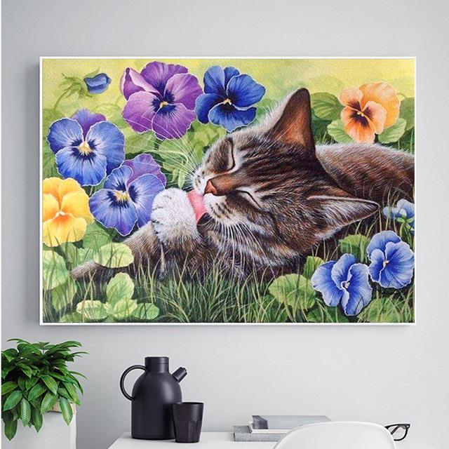 Вышивка крестиком DIY Алмазная вышивка Кот в цветке Полный круглый алмазная живопись Мозаика Домашний декор 20X30CM