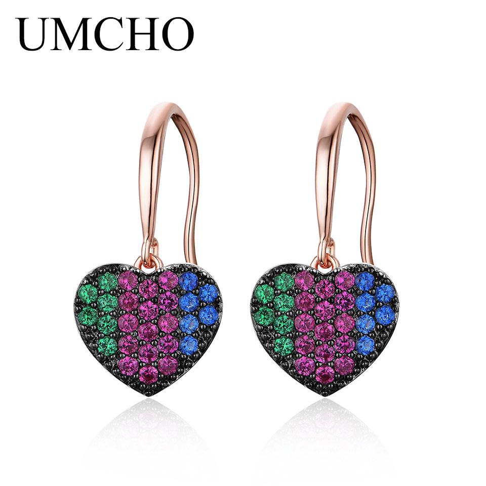 Серьги UMCHO из стерлингового серебра 925 пробы, красочные серьги-капли в форме сердца с драгоценными камнями для девочек и женщин, подарок на день Святого Валентина, ювелирные украшения разноцветный