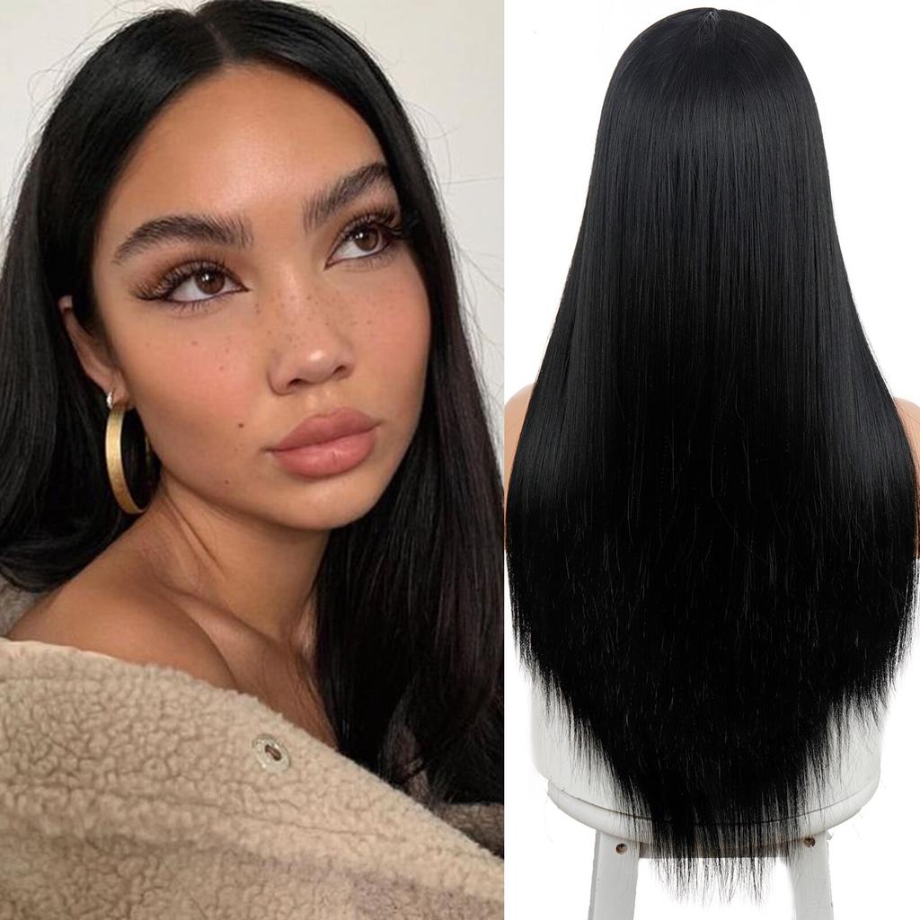 Длинный прямой парик средней точки MERISIHAIR, черный парик, подходит для черных/белых женских повседневных/ролевых париков