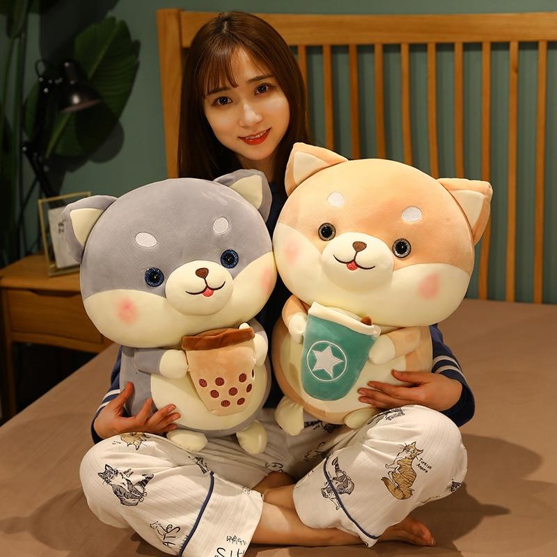 Kawaii Shiba Inu собака держит пузырьковую чашку чая плюшевые игрушки мягкие животные-подушки куклы для девочек подарки на день рождения 20cm серый